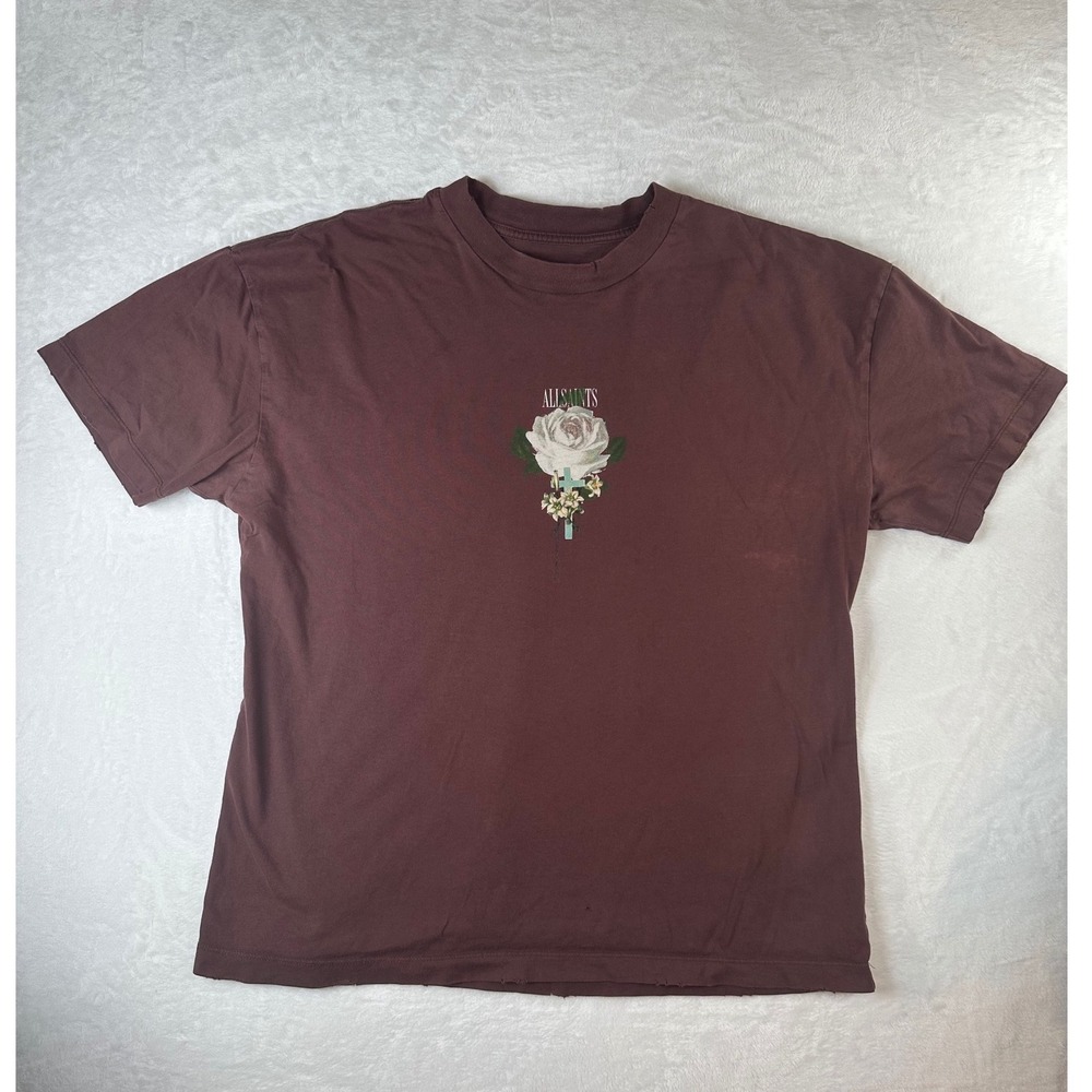 AllSaints Mens Rose Cross Graphic T-Shirt Burgundy Distressed Relaxed Fit XL